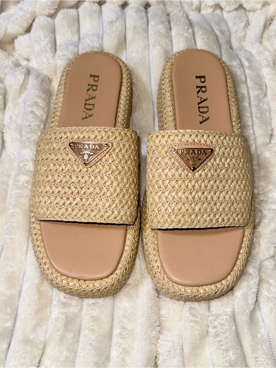 Prada Shoes - Prada Beige Straw Slide Sandals with Logo Plaque